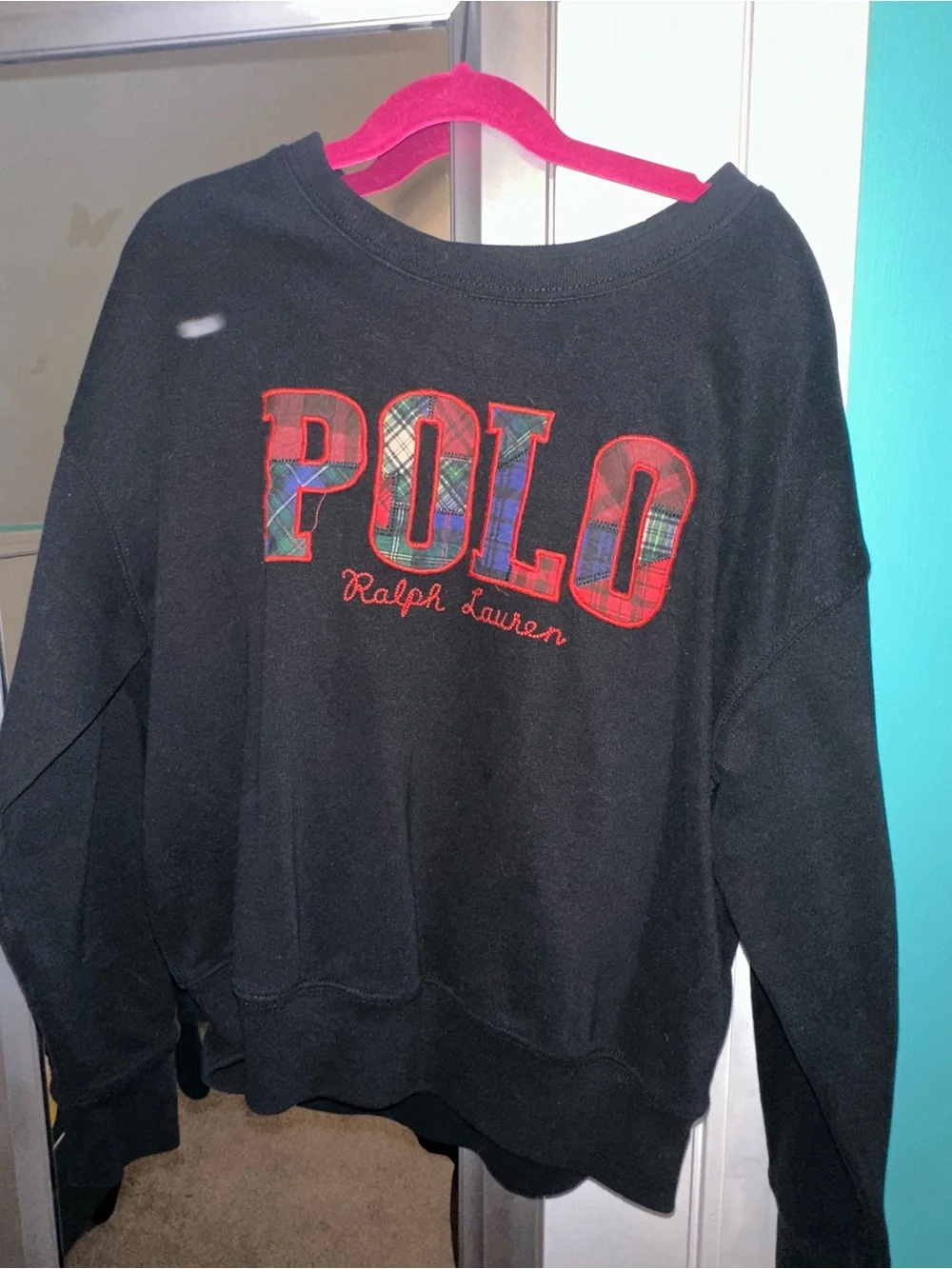 Ralph Lauren Black Sweatshirt with Red-Trimmed Tartan POLO